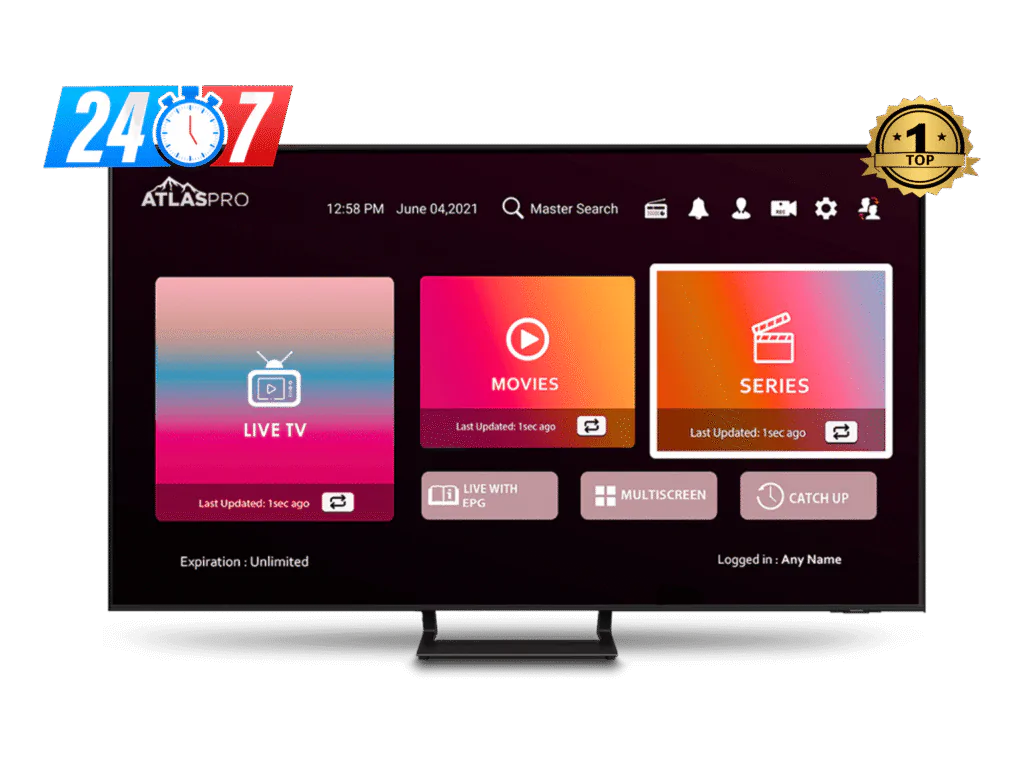 Écran IPTV affichant les applications Atlas Pro ONTV sur plusieurs appareils