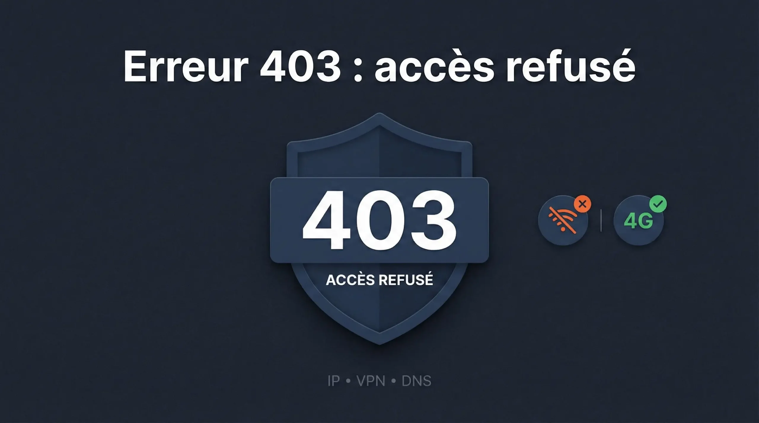 Atlas Pro ONTV code erreur 403 : accès refusé, diagnostic IP/VPN/DNS. Icônes Wi-Fi vs 4G avec panneau 403 sur fond sombre.