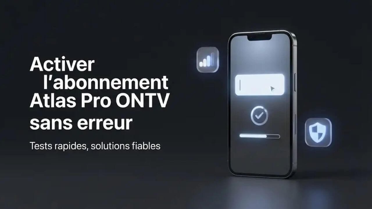Illustration 3D d’un smartphone affichant un écran d’activation avec champ de code et icône de validation, représentant l’activation d’un abonnement Atlas Pro ONTV sans erreur.