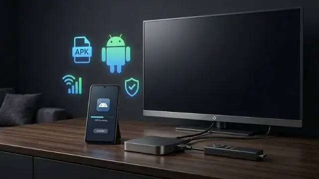Installation d’Atlas Pro ONTV sans Google Play sur Android TV avec APK sideloadé depuis un smartphone vers une box TV
