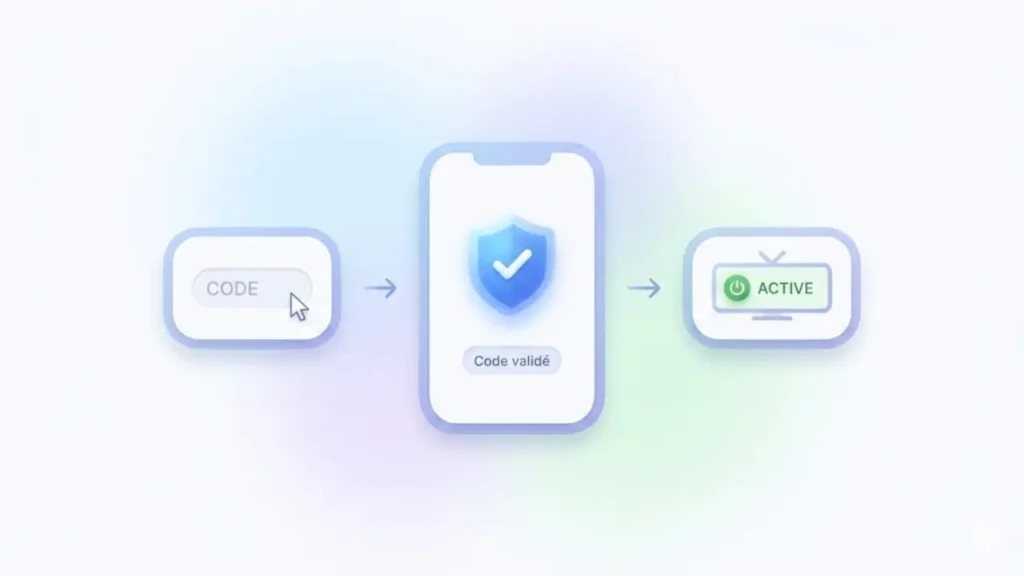 Illustration montrant une activation réussie du code Atlas Pro ONTV avec une interface simple et officielle