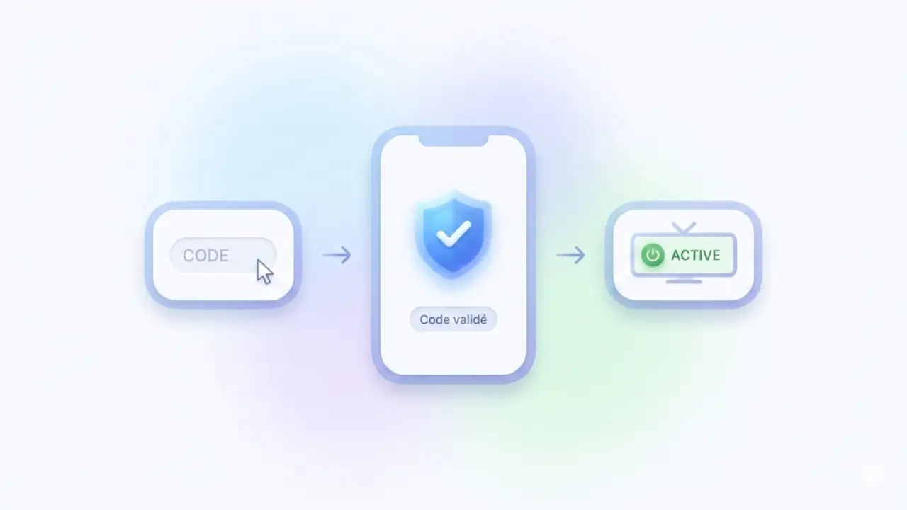 Illustration montrant une activation réussie du code Atlas Pro ONTV avec une interface simple et officielle