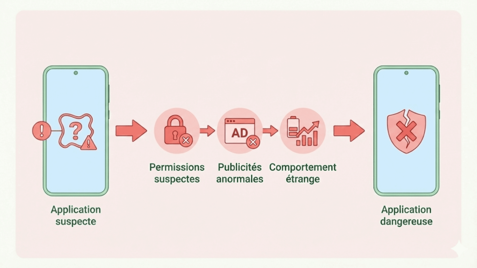 Illustration montrant comment reconnaître une application Android dangereuse étape par étape