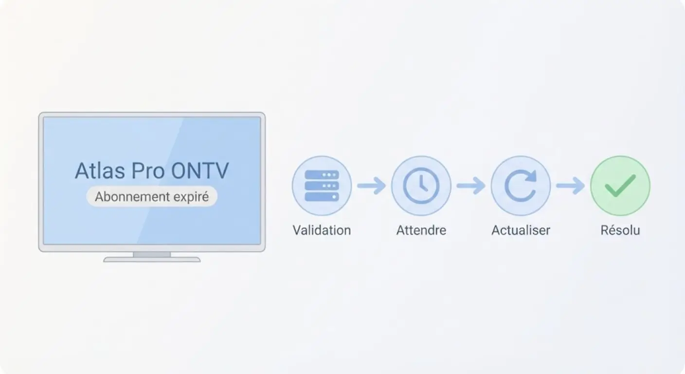 Schéma de diagnostic Atlas Pro ONTV montrant un abonnement expiré, la validation serveur, le temps d’attente et la résolution du problème