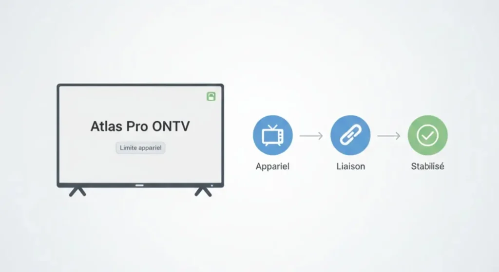 Schéma explicatif de la limite d’appareils Atlas Pro ONTV montrant la liaison du compte à un périphérique spécifique et la gestion du device binding