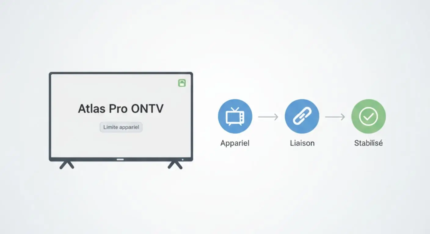 Schéma explicatif de la limite d’appareils Atlas Pro ONTV montrant la liaison du compte à un périphérique spécifique et la gestion du device binding