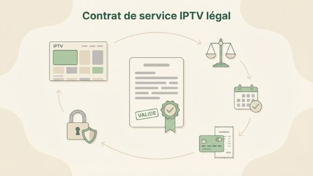 Illustration pédagogique représentant un contrat de service IPTV légal, avec document contractuel, conformité juridique, durée, paiement et protection des données.