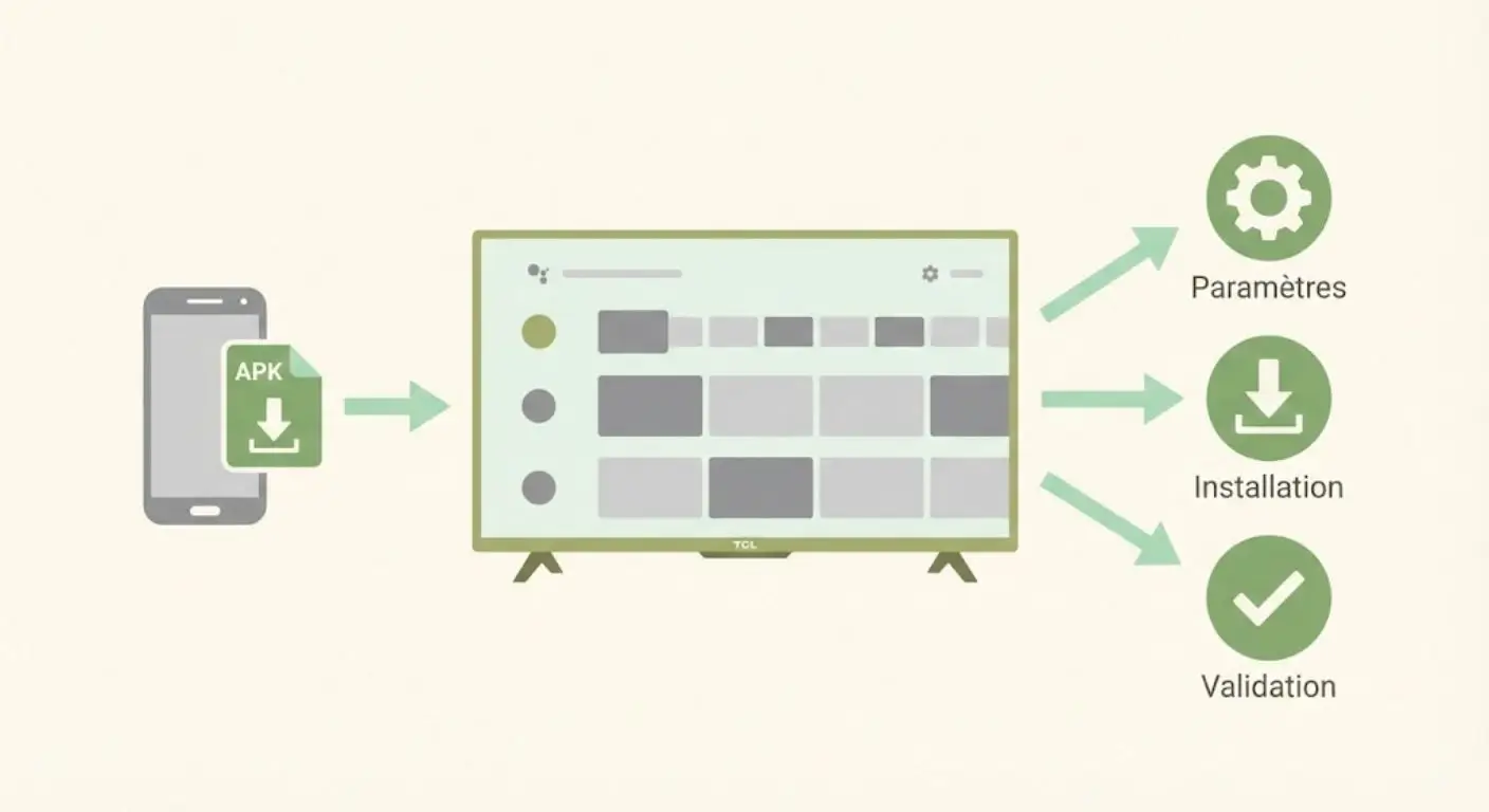 Illustration montrant une TV TCL sous Android TV ou Google TV avec installation d’Atlas Pro via fichier APK, étapes paramètres et validation.