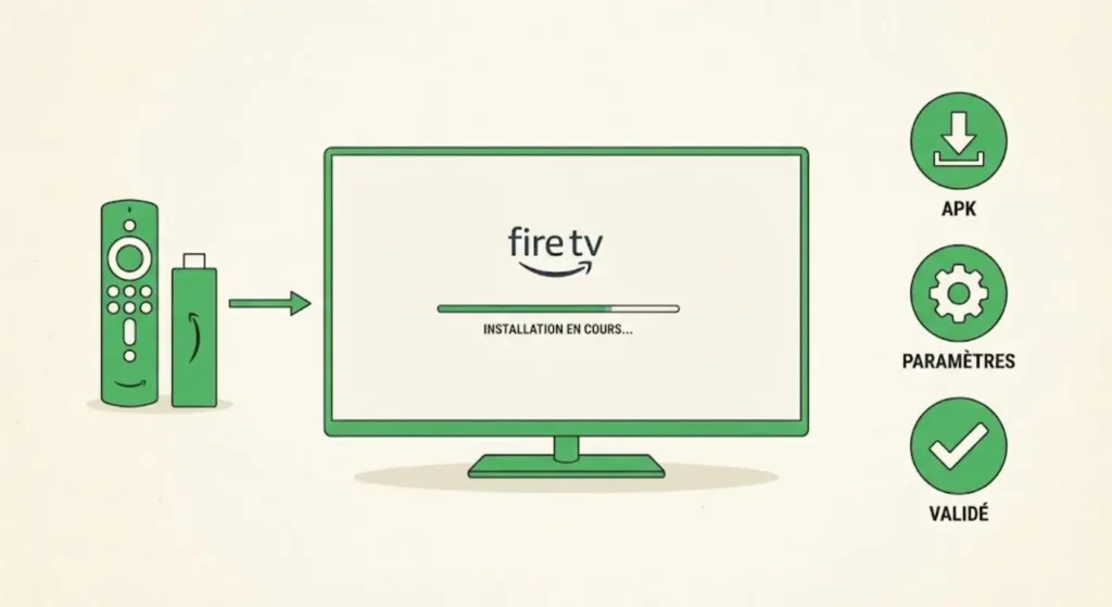 Capture d’écran d’un Fire TV Stick avec l’app Downloader et le champ URL, étape de comment telecharger atlas pro ontv sur firestick en installant l’APK.