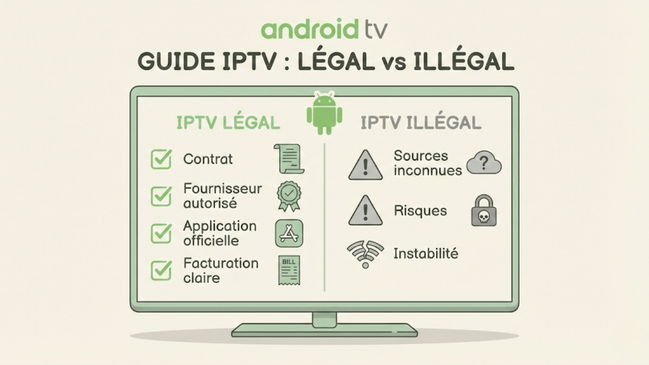 Infographie expliquant la différence entre IPTV légal et IPTV illégal sur Android TV, avec comparaison visuelle entre service autorisé et usages à risque.