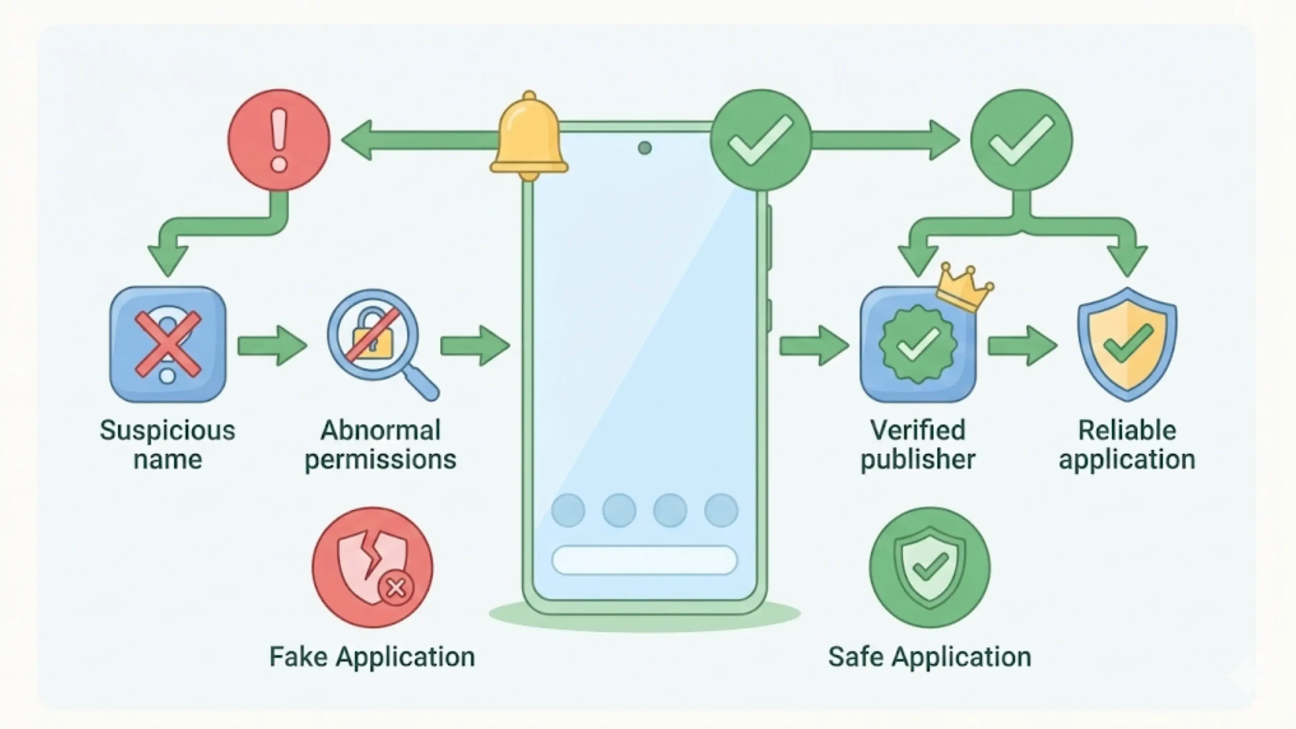 Illustration showing how to recognize a fake Android app and identify a trustworthy one.