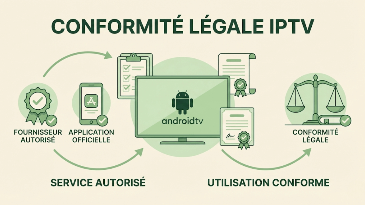 Illustration expliquant la conformité légale IPTV, avec validation des services autorisés et respect des règles d’utilisation sur Android TV.