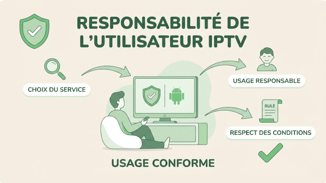Infographie sur la responsabilité de l’utilisateur IPTV, illustrant les bonnes pratiques et l’usage conforme d’un service IPTV légal à domicile.