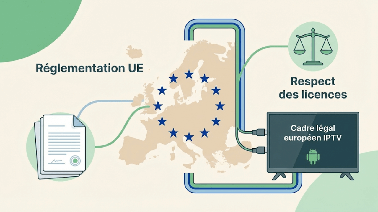 Illustration pédagogique montrant le cadre légal européen de l’IPTV, avec réglementation UE, licences et utilisation conforme sur Android TV.