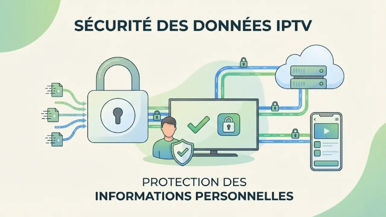 Infographie montrant la sécurité des données IPTV, avec protection des informations personnelles et utilisation sécurisée d’une application IPTV légale.