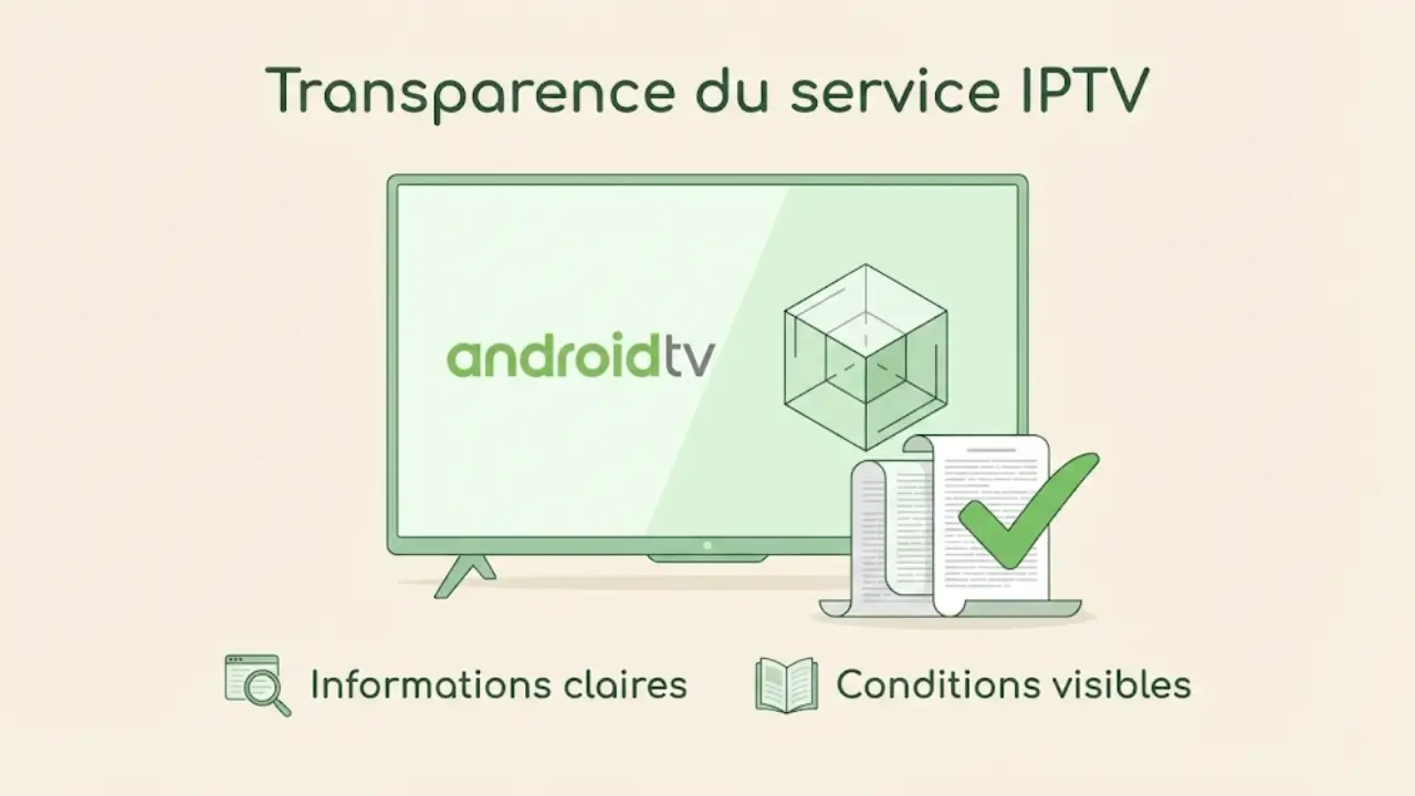 Infographie sur la transparence des services IPTV légaux, mettant en avant des informations claires, conditions visibles et utilisation conforme.