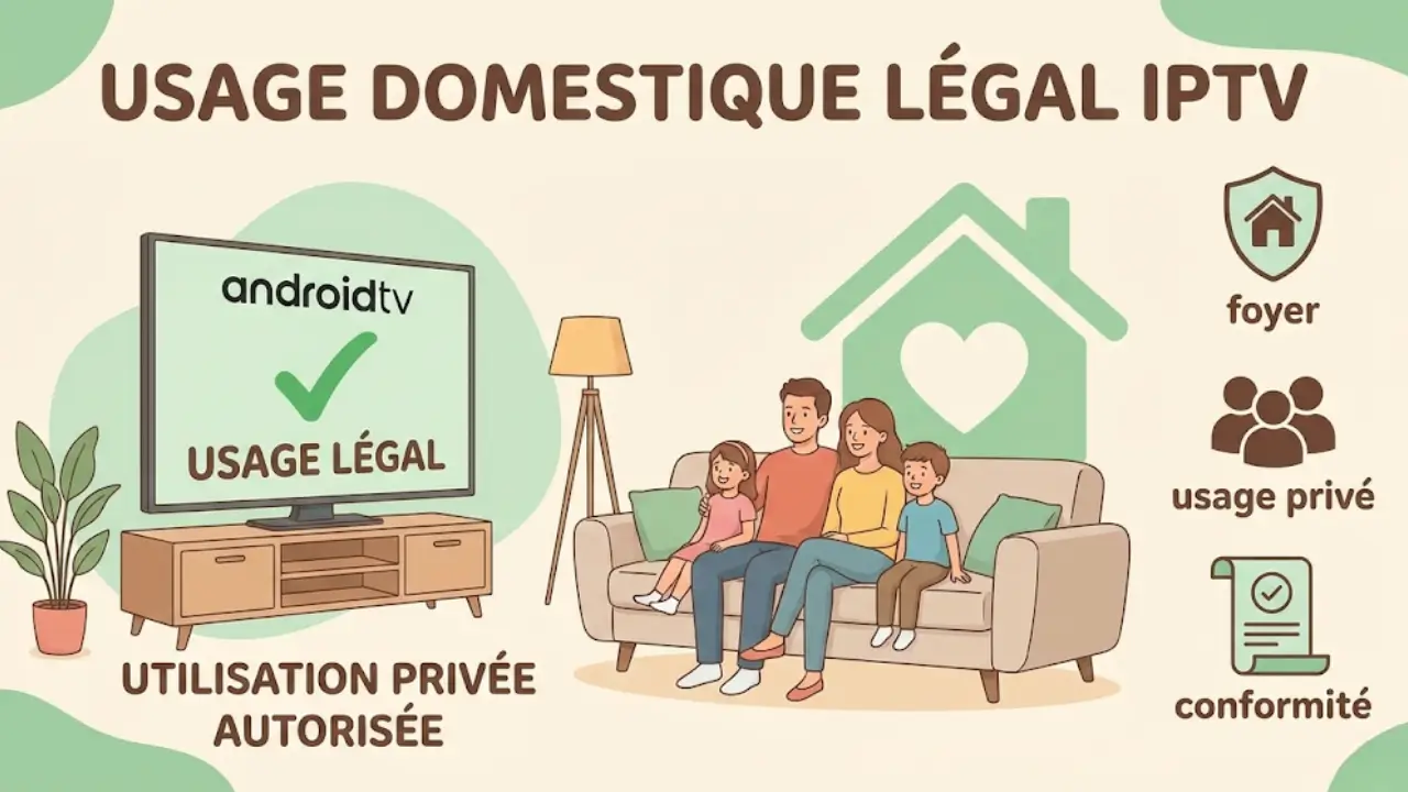 Illustration représentant l’usage domestique légal de l’IPTV, avec utilisation privée d’un service autorisé sur télévision Android.