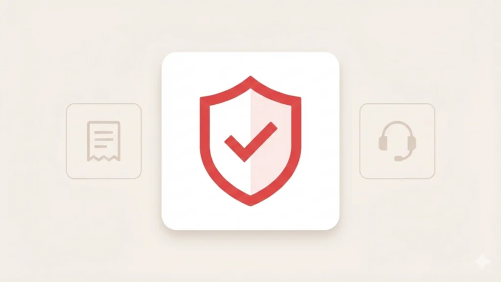 Illustration UI minimaliste symbolisant un abonnement Atlas Pro ONTV autorisé : carte de sécurité avec coche rouge de validation, entourée d'icônes représentant la preuve d'achat et le support client sur fond beige.