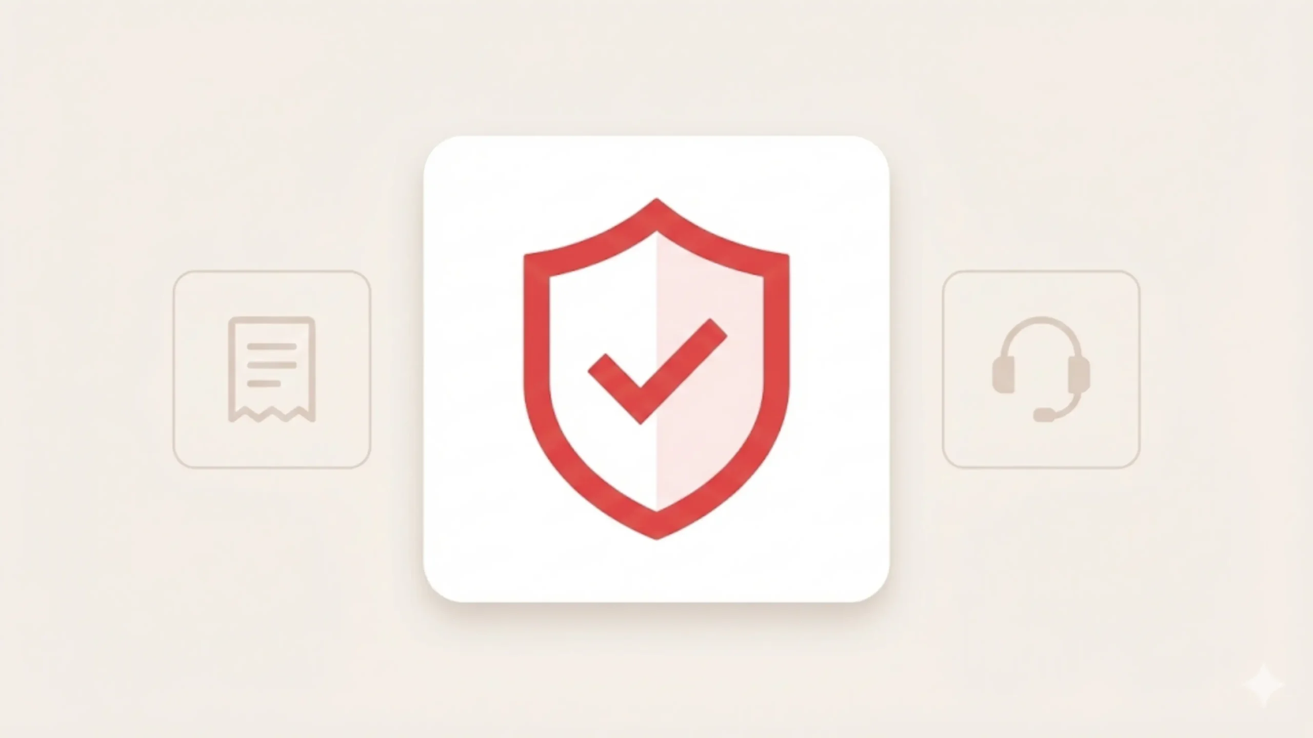 Illustration UI minimaliste symbolisant un abonnement Atlas Pro ONTV autorisé : carte de sécurité avec coche rouge de validation, entourée d'icônes représentant la preuve d'achat et le support client sur fond beige.