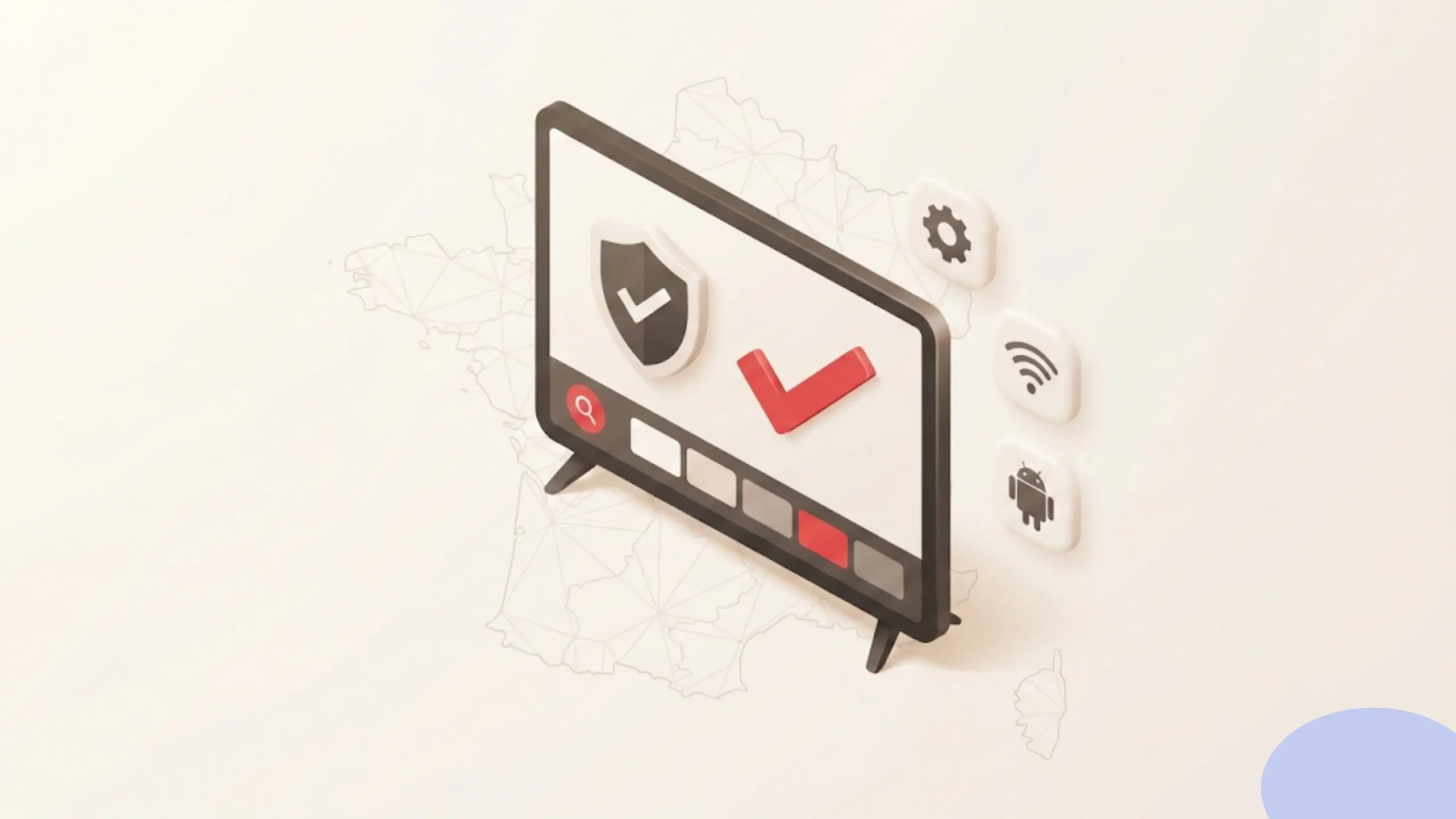 Illustration minimaliste Atlas Pro ONTV officiel France montrant une interface TV sécurisée avec une coche de validation rouge et une carte de France en arrière-plan.