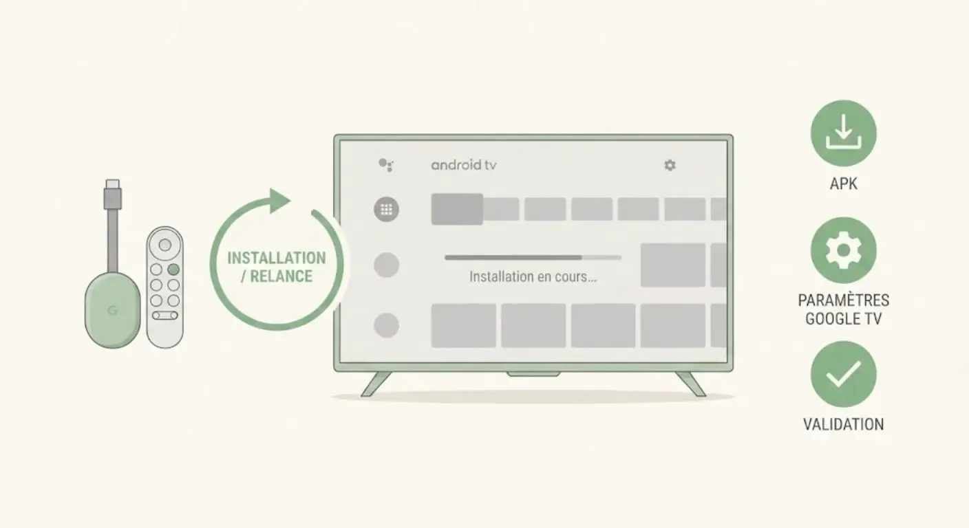 Illustration montrant un appareil Google TV avec installation d’Atlas Pro ONTV via fichier APK, étapes paramètres, relance et validation.