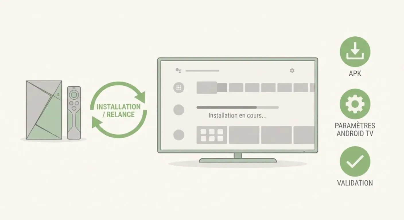 Illustration montrant une NVIDIA Shield sous Android TV avec installation d’Atlas Pro ONTV via fichier APK, étapes paramètres, relance et validation.