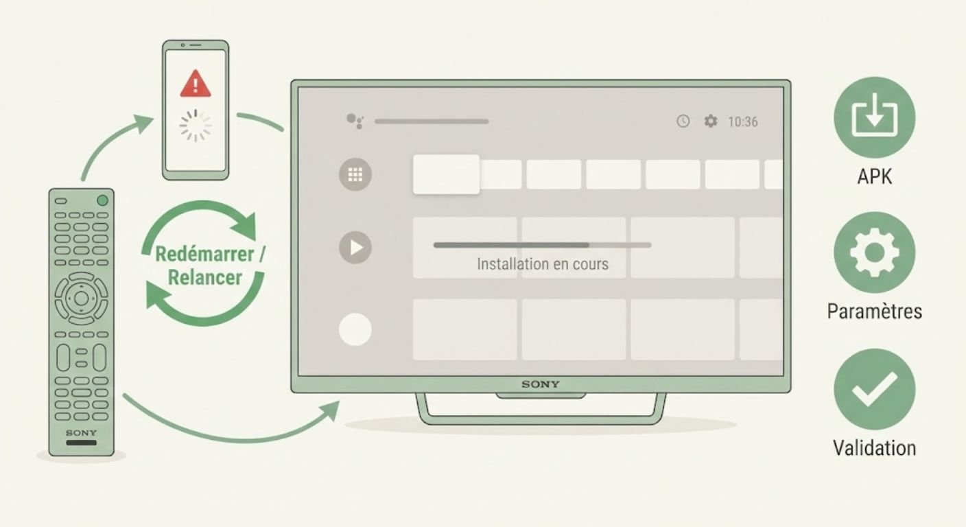 Illustration montrant une TV Sony sous Android TV ou Google TV avec installation d’Atlas Pro ONTV via APK, étapes paramètres, redémarrage et validation.
