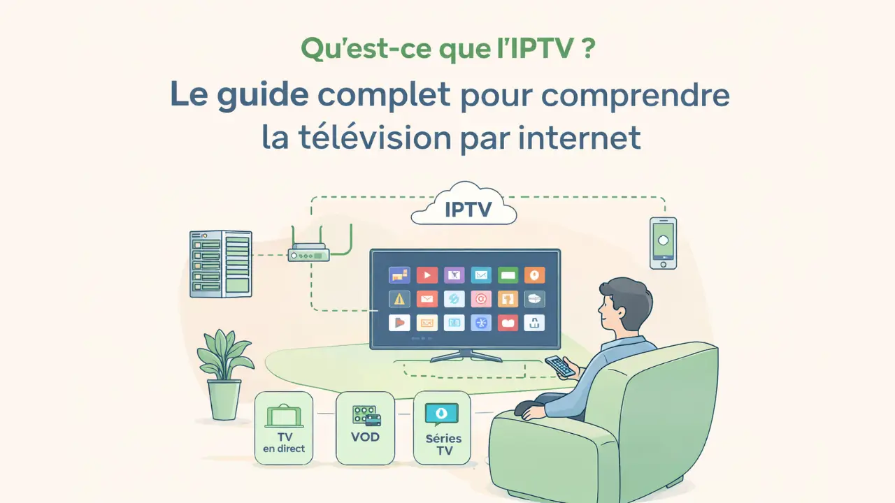 Illustration expliquant le fonctionnement de l’IPTV avec télévision connectée, routeur internet et services TV en direct, VOD et séries via internet