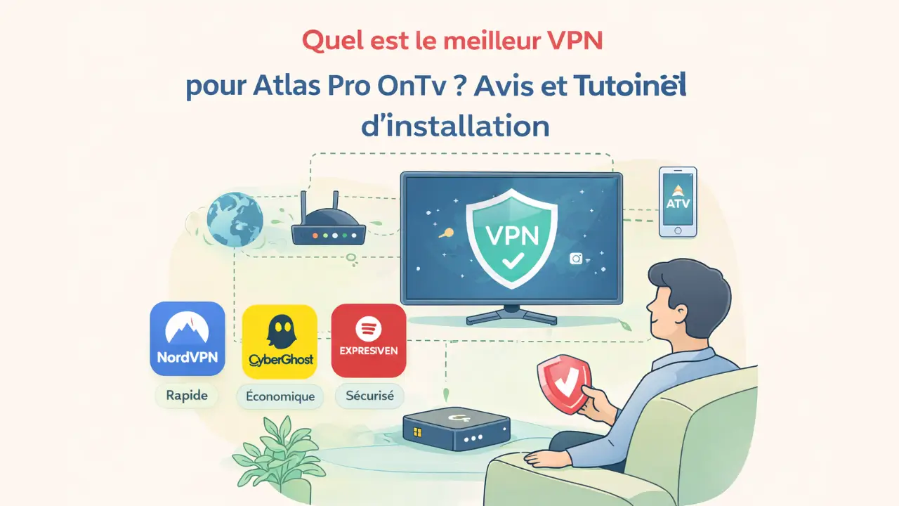 Illustration montrant l’utilisation d’un VPN avec Atlas Pro OnTV sur Android TV, mettant en avant la sécurité, la connexion internet et le streaming protégé