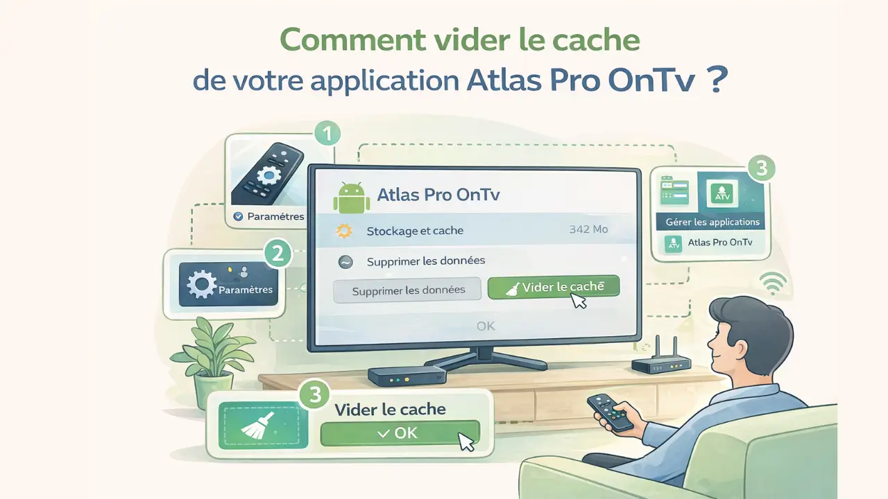 Illustration montrant comment vider le cache de l’application Atlas Pro OnTv sur Android TV, avec accès aux paramètres, stockage et bouton « Vider le cache » pour améliorer la fluidité