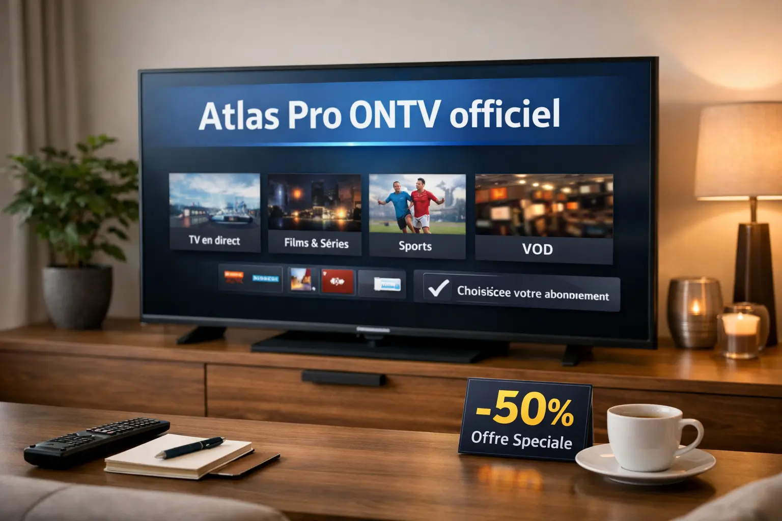 Atlas Pro ONTV officiel abonnement IPTV sur télévision moderne avec offre promotionnelle