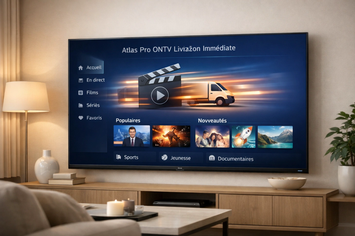 atlas pro ontv livraison immédiate avec télévision moderne dans un intérieur premium