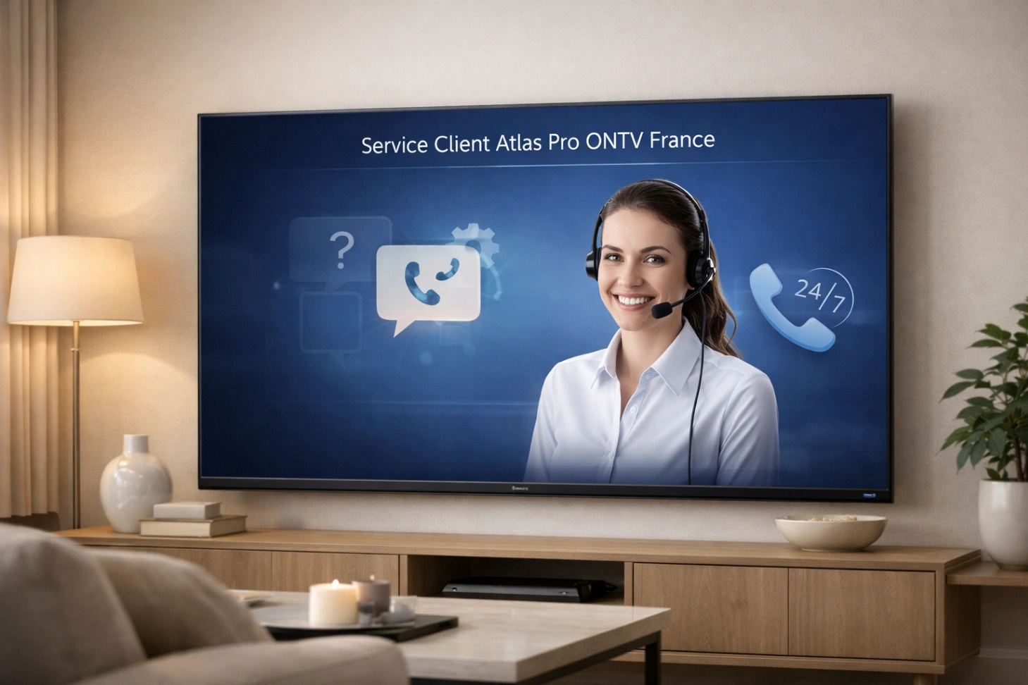 service client atlas pro ontv france sur écran moderne et salon élégant