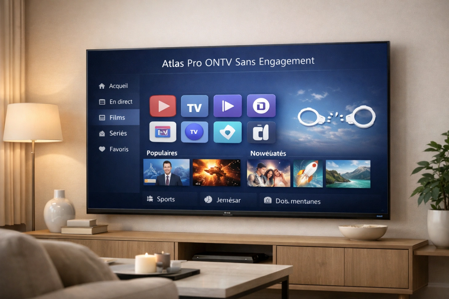 atlas pro ontv sans engagement dans un salon moderne avec télévision élégante