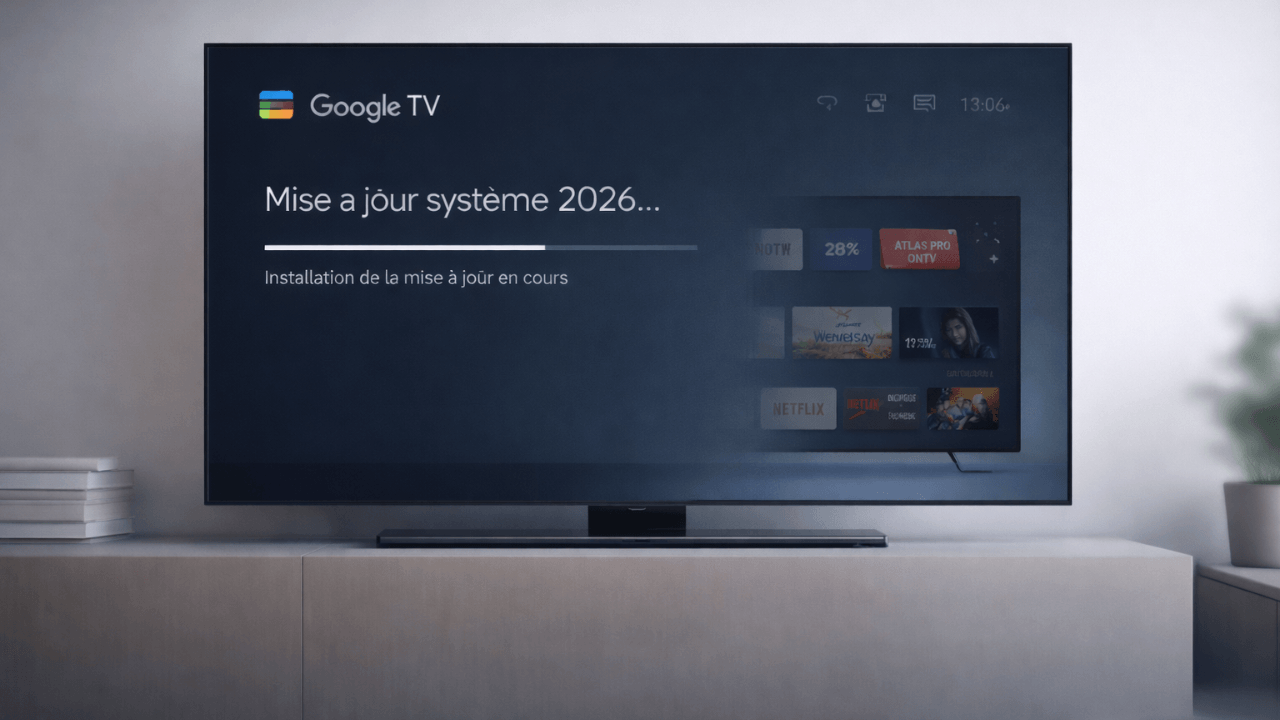 télévision Google TV moderne affichant une interface système mise à jour dans un salon minimaliste high-tech