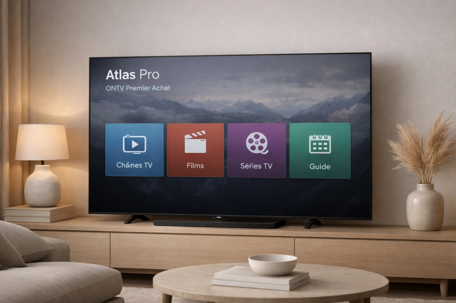 atlas pro ontv premier achat sur télévision moderne dans un salon épuré