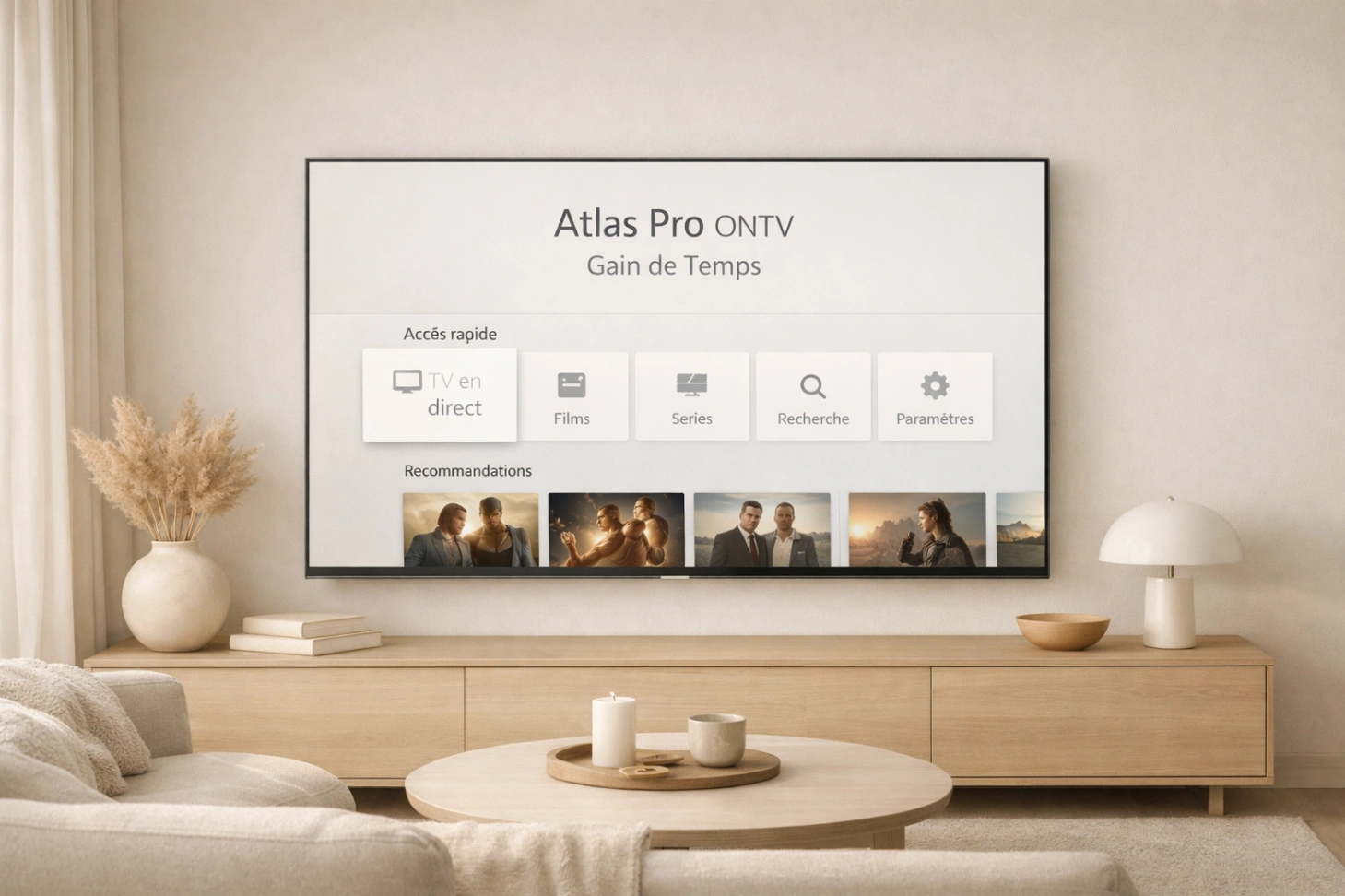 atlas pro ontv gain de temps sur smart tv moderne dans un salon design