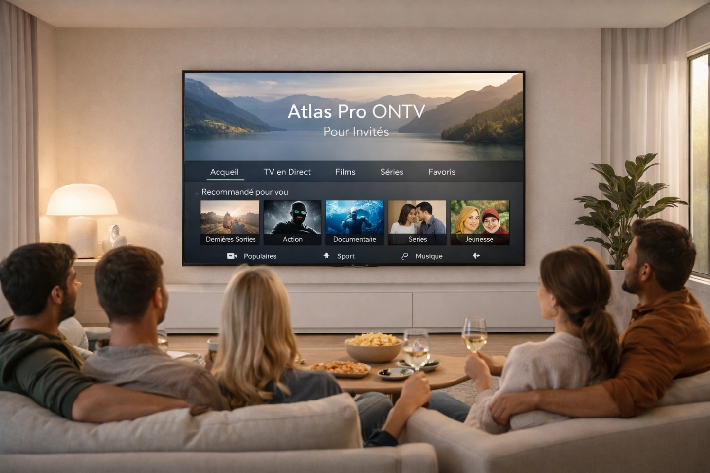 atlas pro ontv pour invités dans un salon chic avec ambiance conviviale