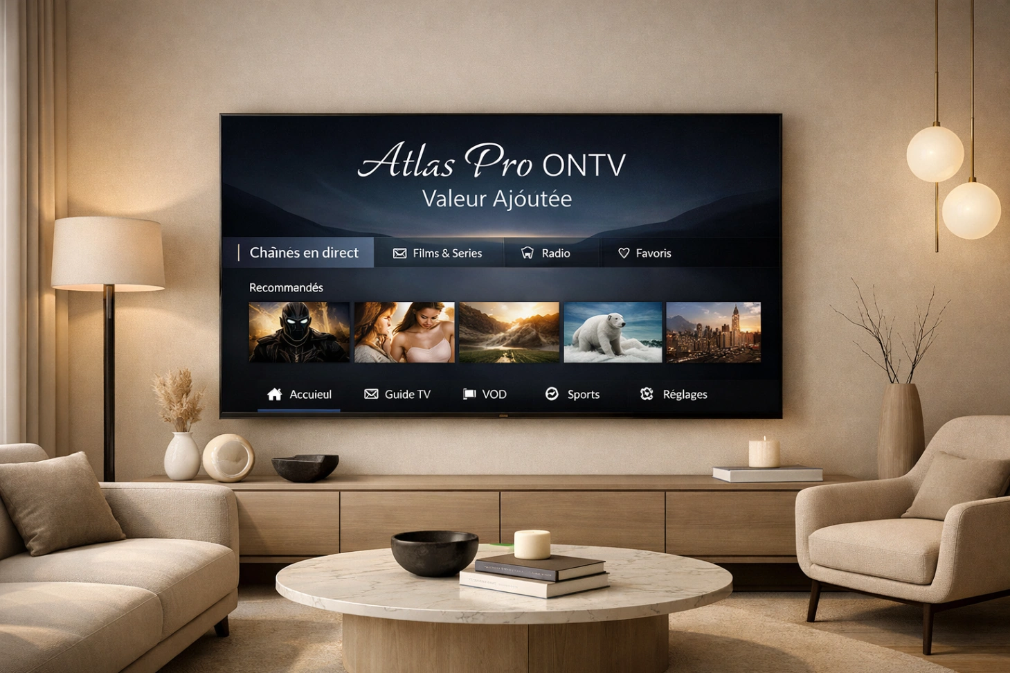 atlas pro ontv valeur ajoutée sur télévision élégante dans un salon premium