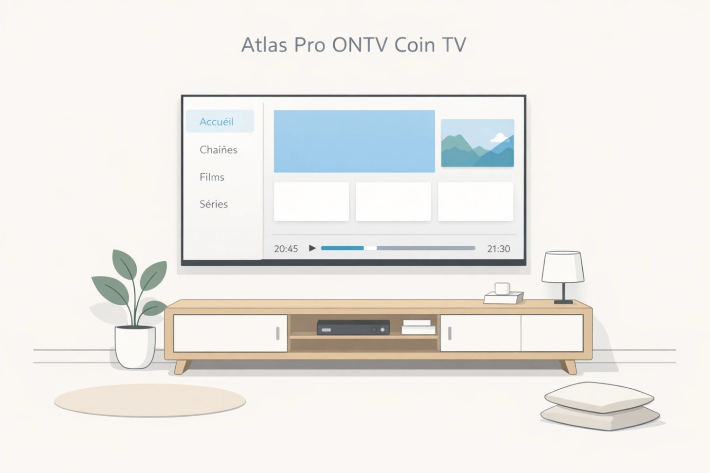 Illustration minimaliste d’un coin TV moderne avec interface claire et ambiance élégante