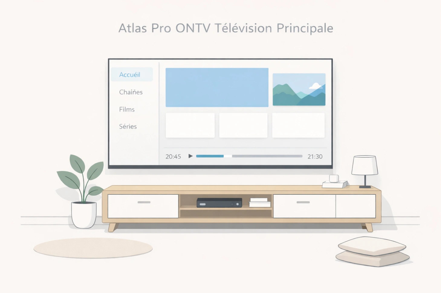 Illustration minimaliste d’une télévision lisible à distance depuis un canapé dans un salon moderne