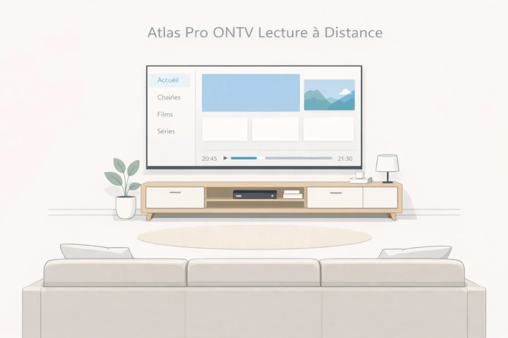 Illustration minimaliste d’une télévision lisible à distance depuis un canapé dans un salon moderne