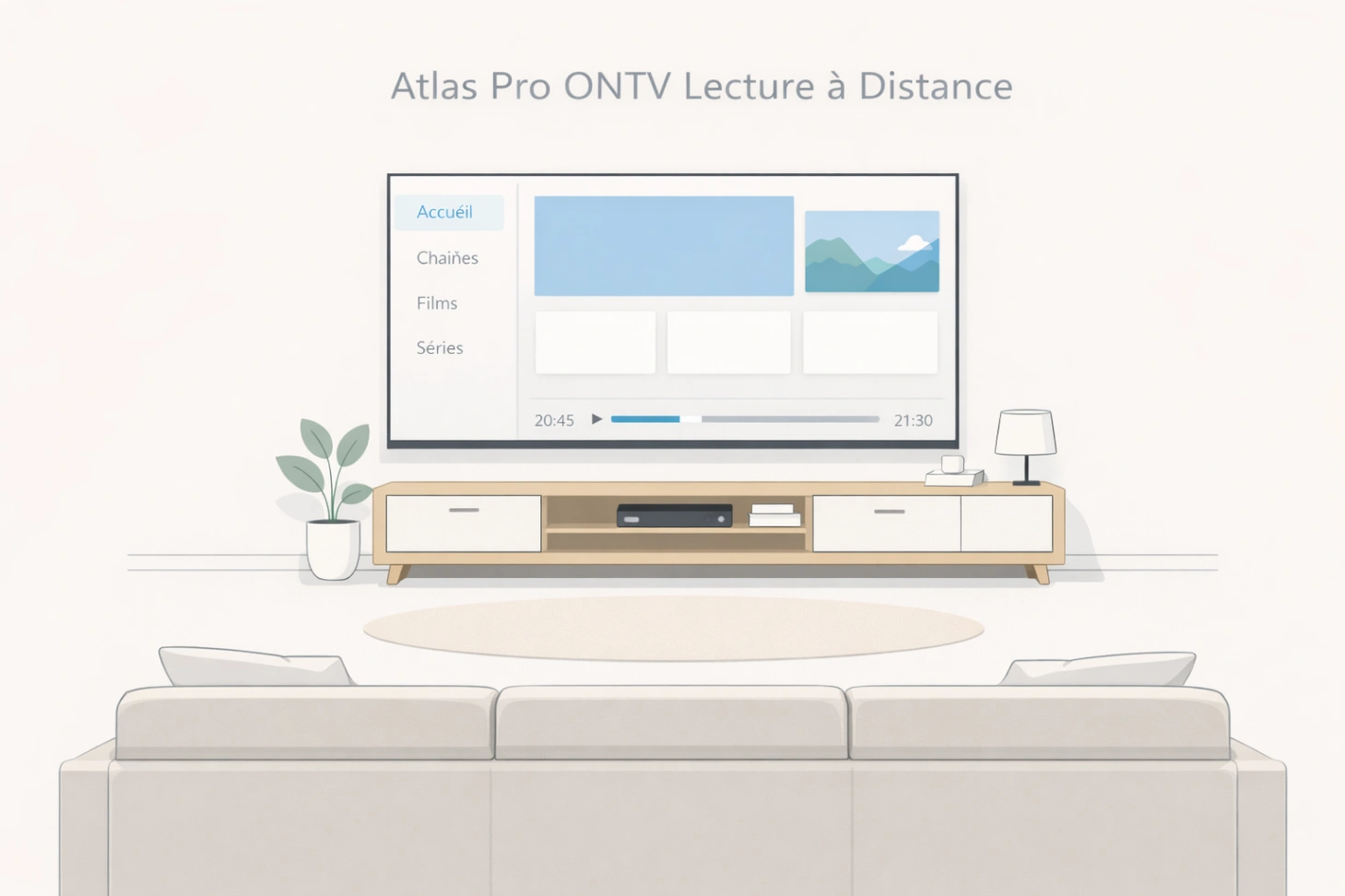 Illustration minimaliste d’une télévision lisible à distance depuis un canapé dans un salon moderne