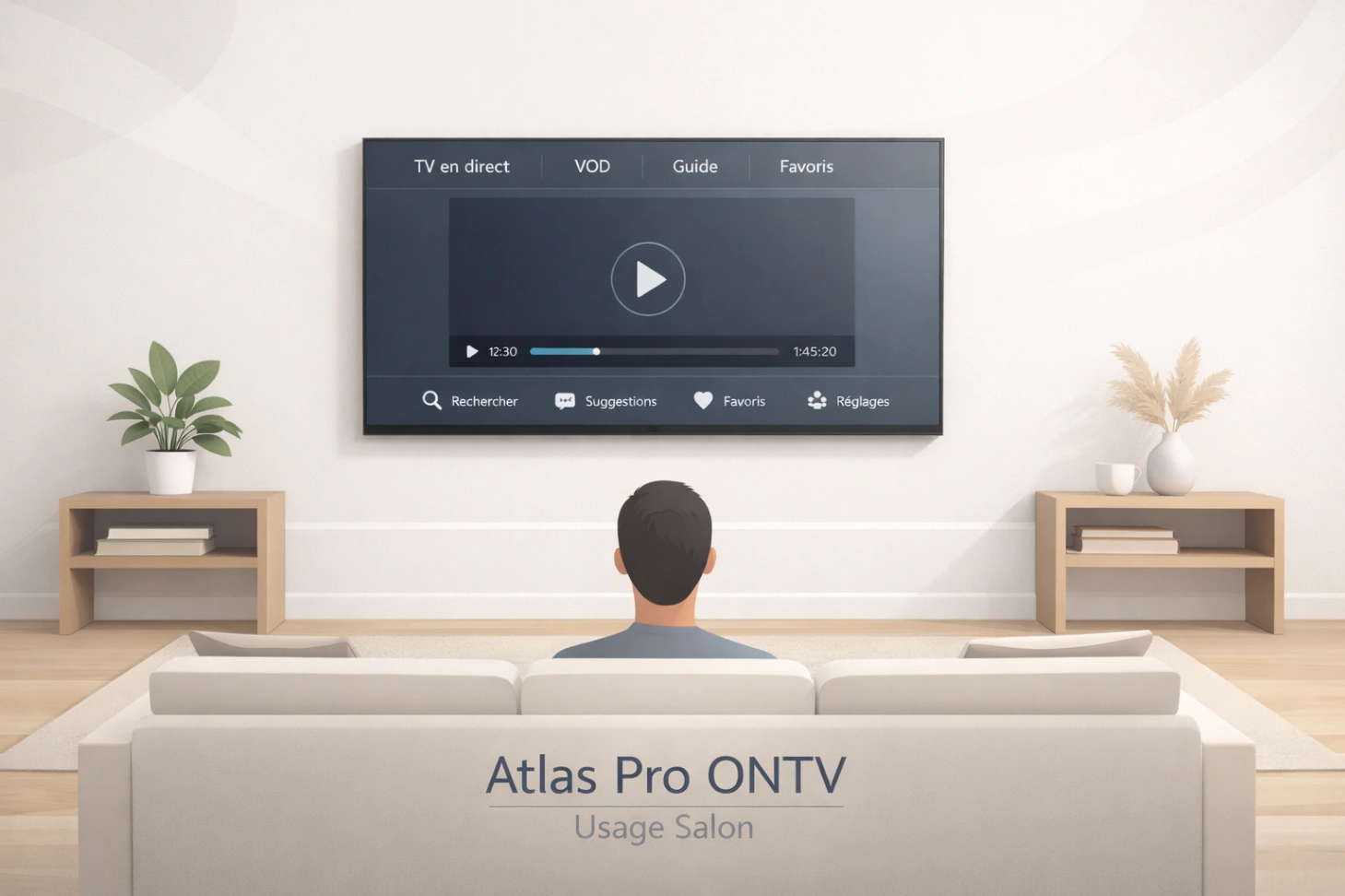 Illustration minimaliste d’un usage salon avec télévision claire et canapé face à l’écran