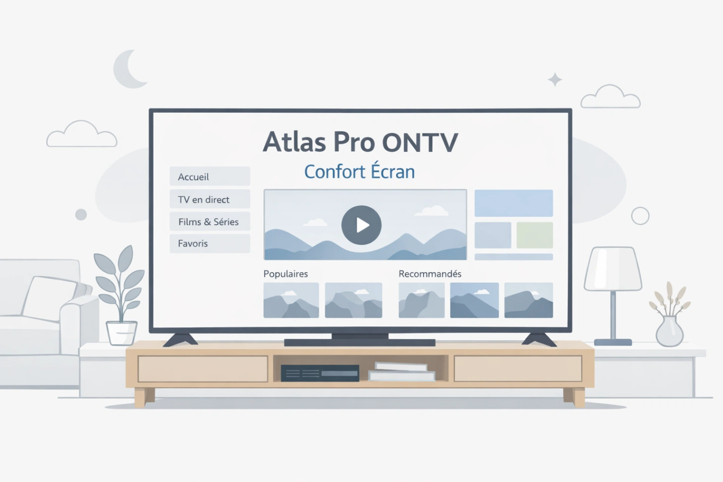 Illustration minimaliste d’un écran confortable à lire dans un salon moderne