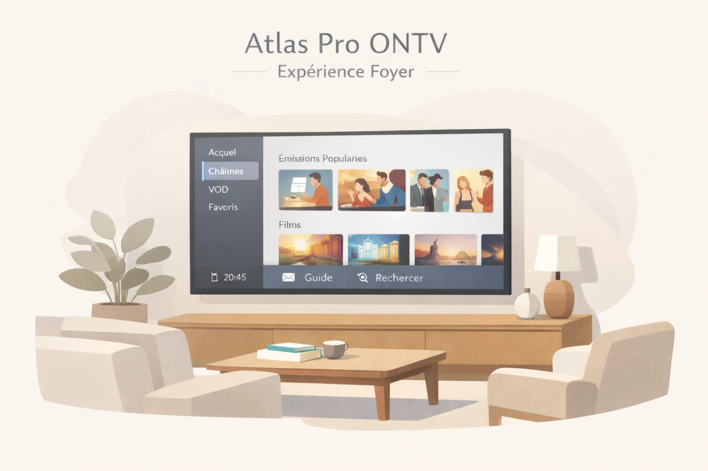 Illustration minimaliste d’un foyer moderne avec télévision claire et ambiance harmonieuse