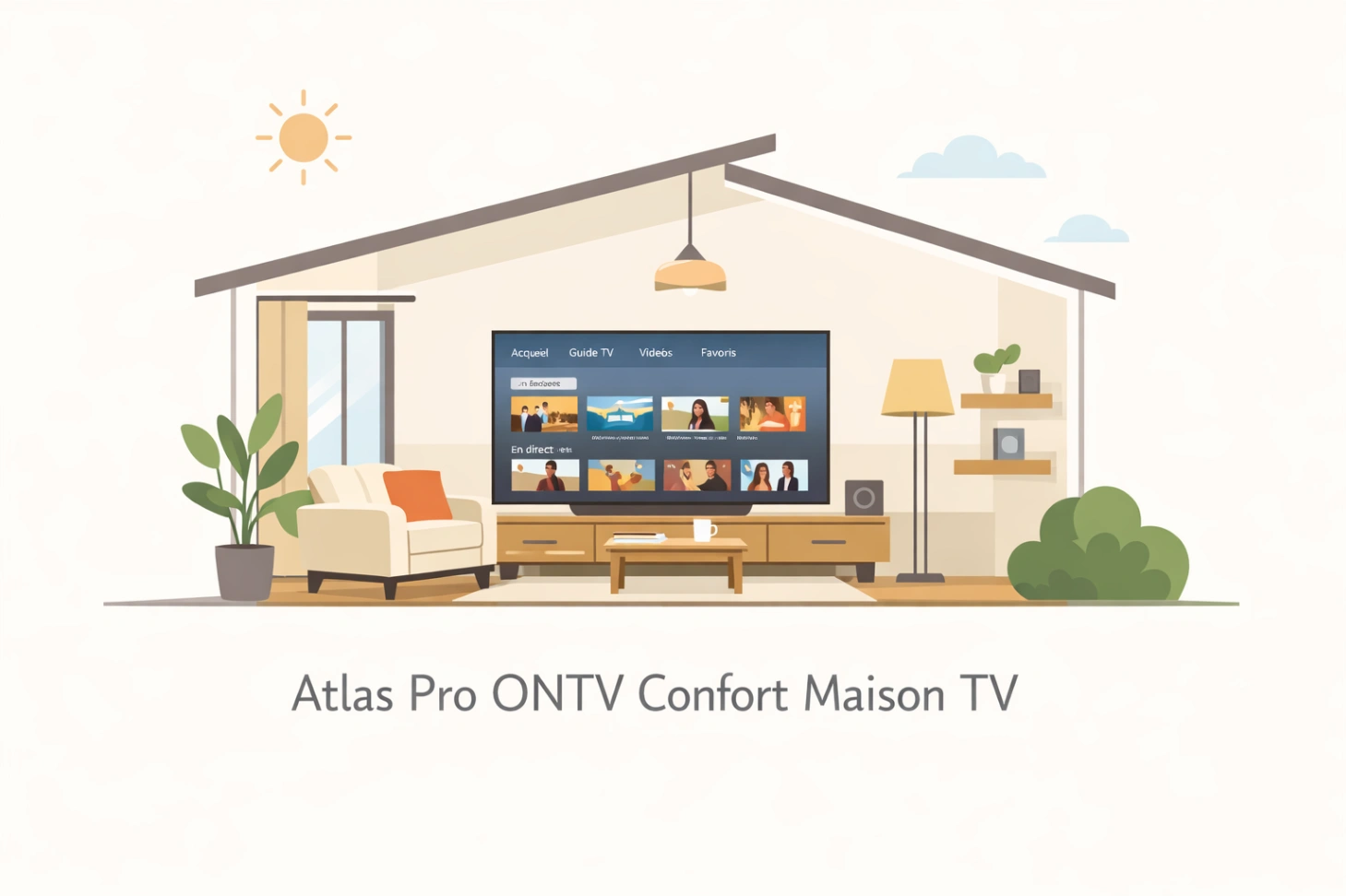 Illustration minimaliste d’une maison avec télévision claire et confort visuel dans le salon