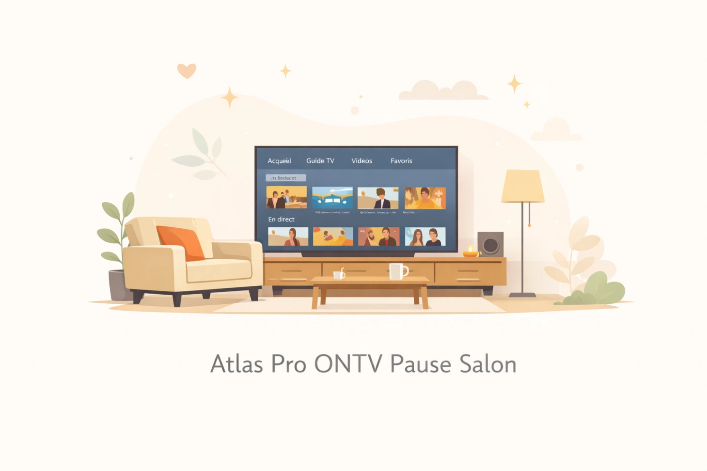 Illustration minimaliste d’une pause salon avec télévision claire et ambiance calme