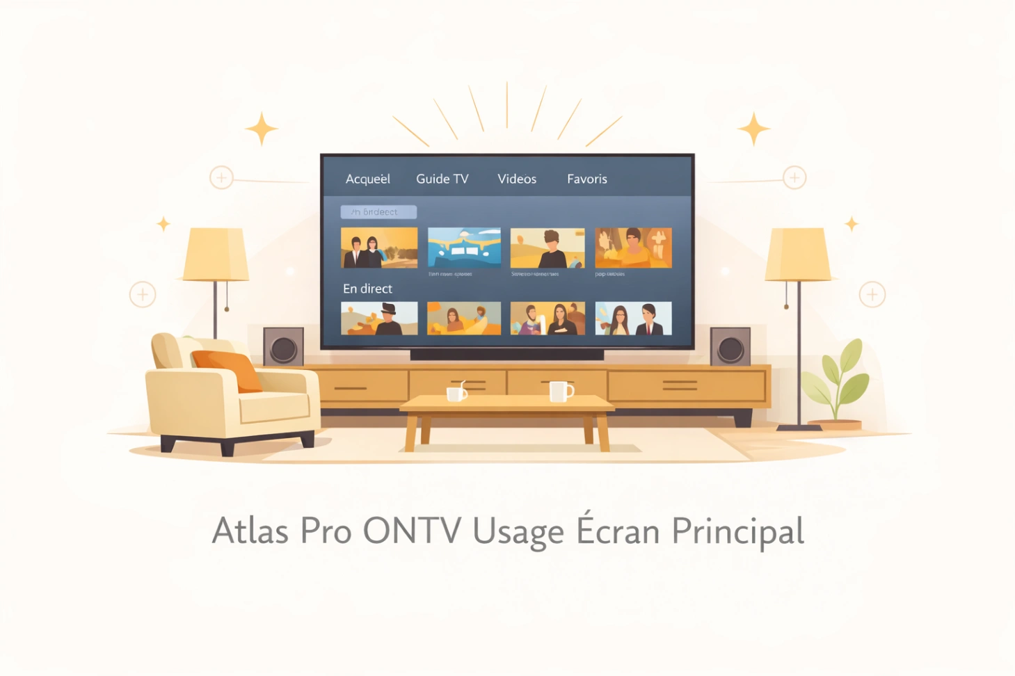 Illustration minimaliste d’un écran principal au salon avec interface claire et usage confortable