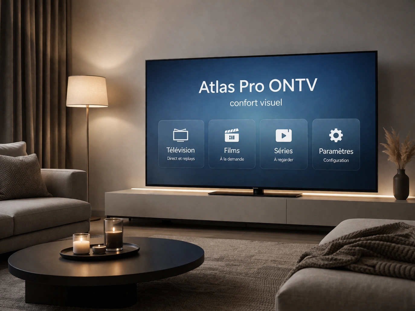 Interface TV lisible et apaisante sur un écran moderne dans un salon élégant